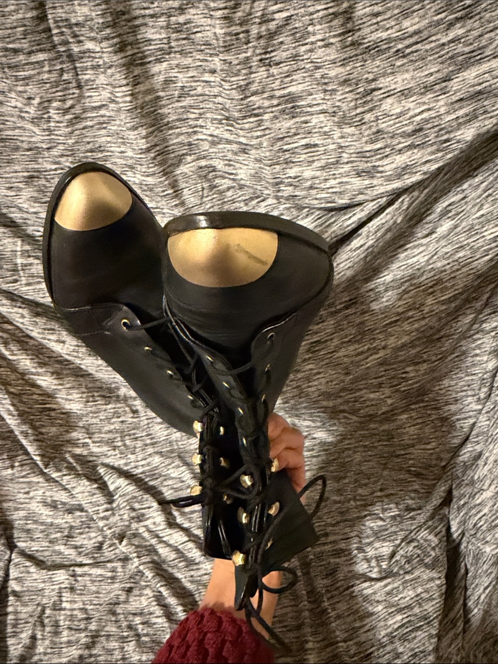 Miista Black Leather Lace-Up Ankle Boots with Gold Toe Cap and Gold Back Accent - Picture 10 of 11